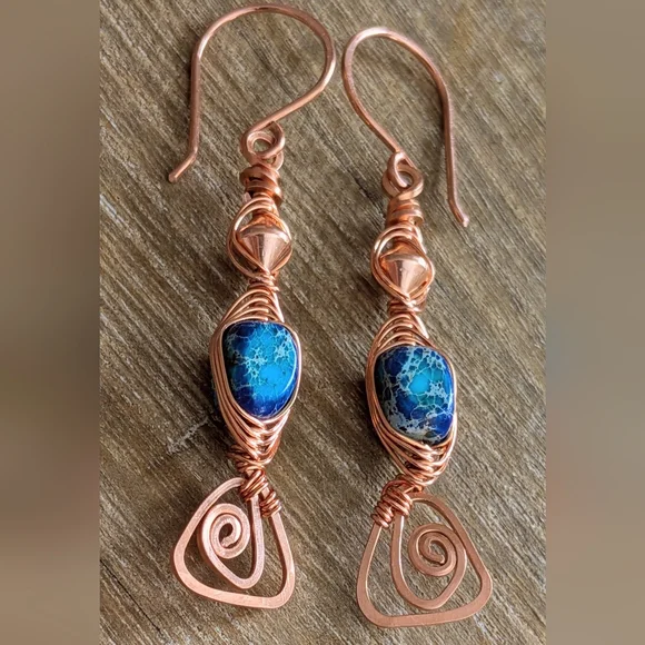 Eclectic Copper Earrings Vibrant Coastal Blue Jasper Artisan Crafted Jewelry - Picture 6 of 11
